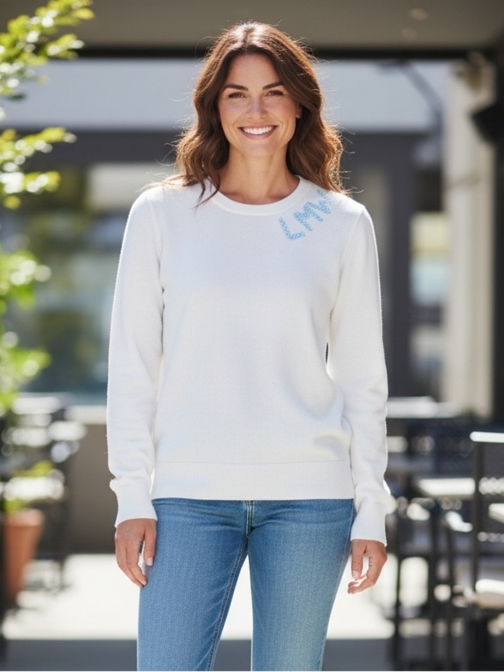 Jefferson Lane Garden Crewneck Cashmere sweater Light Blue “LMW” Embroidered